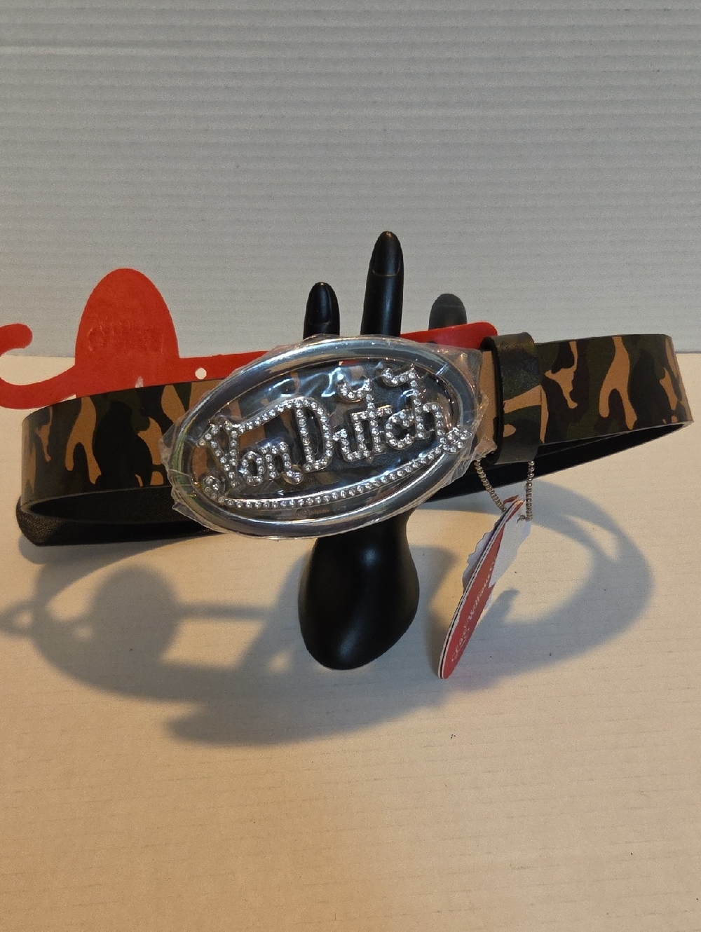 Von Dutch Camouflage Belt with Silver Oval Logo Buckle - Green/Black